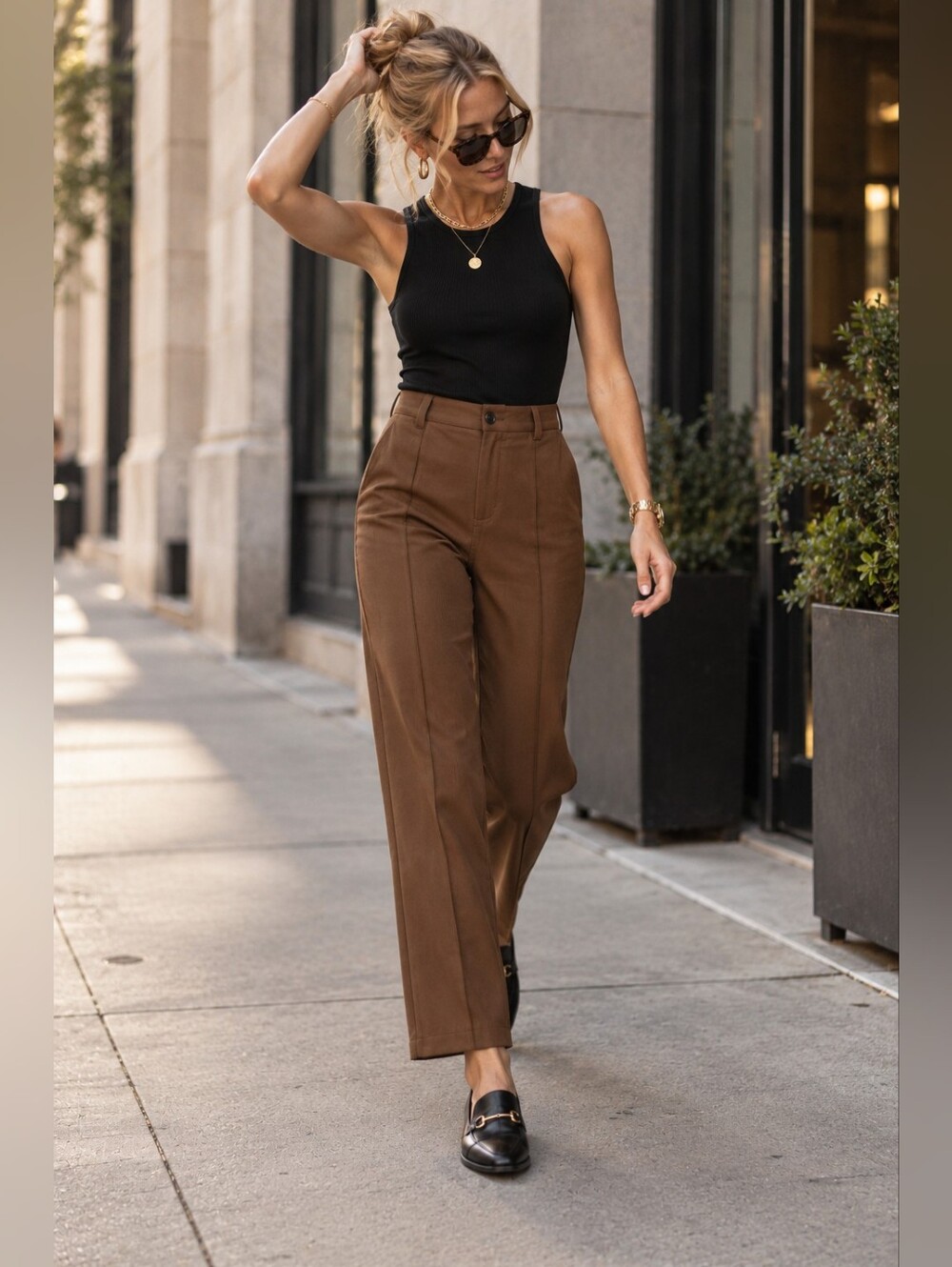 Commense Brown Wide Leg Trouser Pants High Rise Pintuck Size M